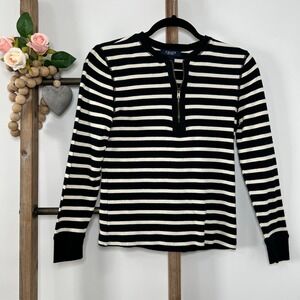 Chaps Womens Striped Quarter Zip Long Sleeve Top Black Cream Size Small